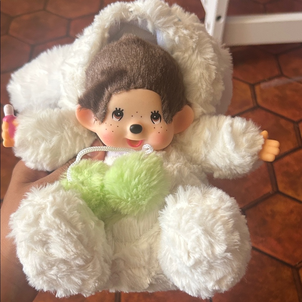 Monchichi cinnamon roll Plush Doll in White with Green Accent - Kids Toy